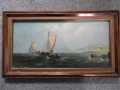 WILLIAM CRAWHALL 1858-1894 FISHING BOATS OFF TYNESIDE ORIGINAL OIL 40cmx20cm